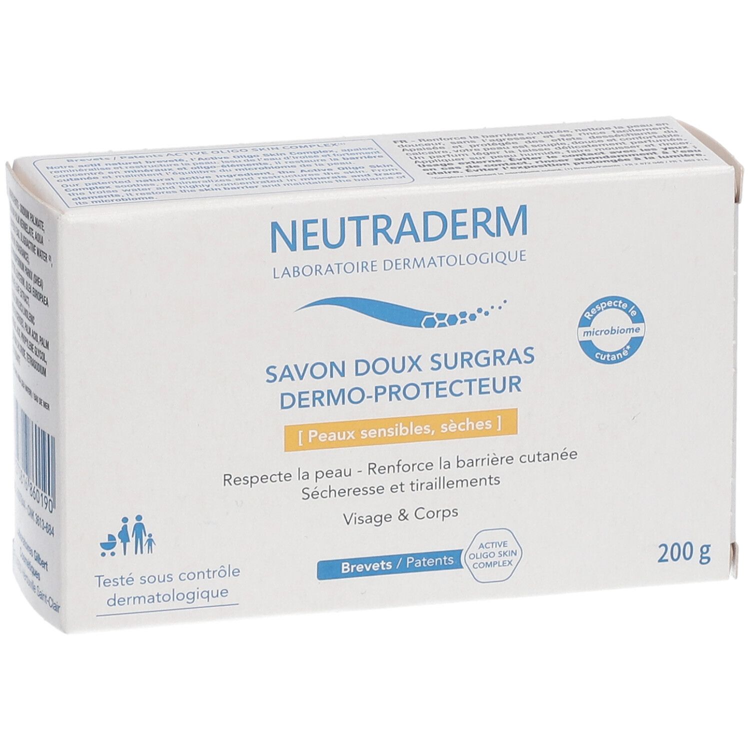 Boîte blanche avec nom et logo du produit. Texte : Savon doux surgras dermo-protecteur. Pour peaux sensibles, sèches. 200 g.