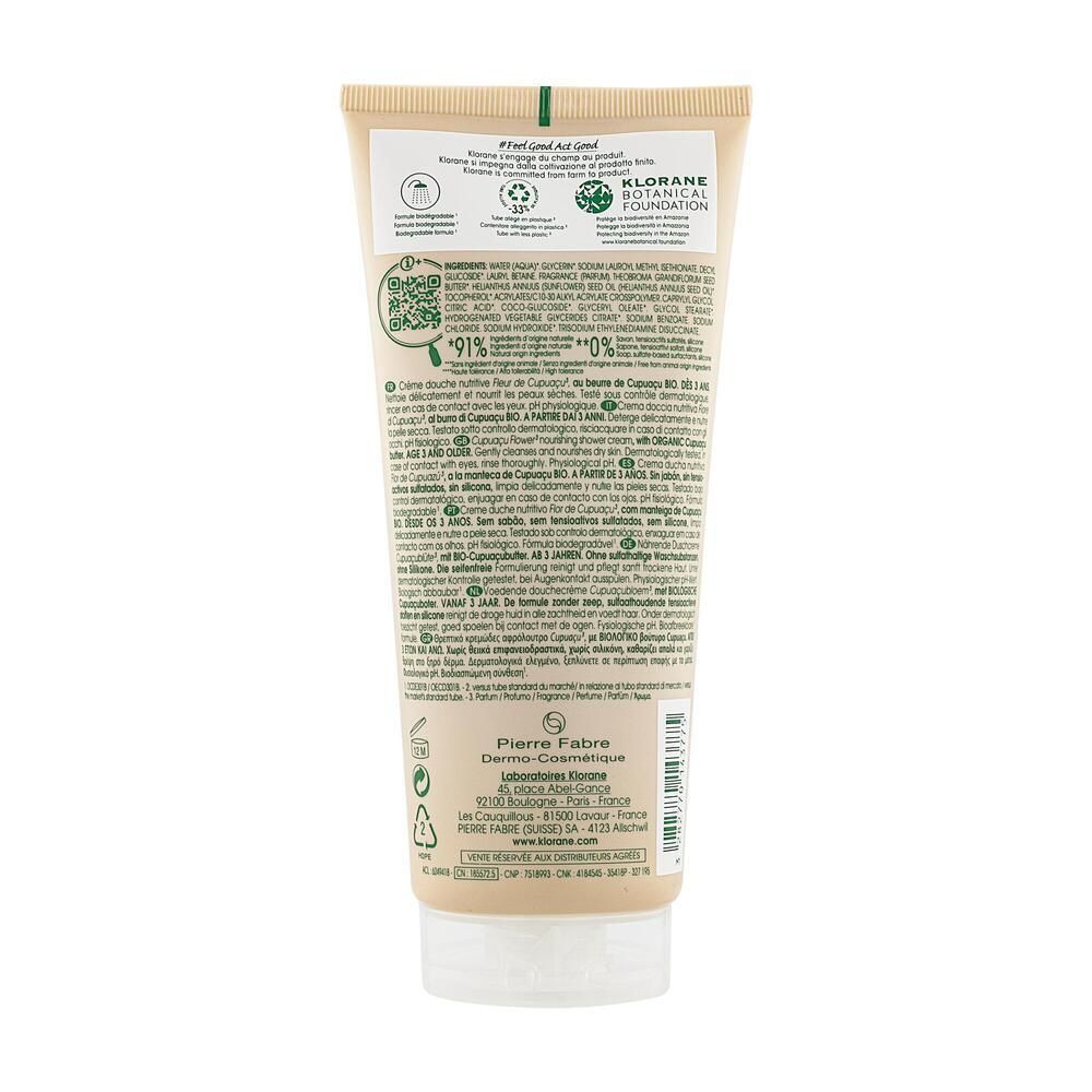 Rückseite einer Tube. Text in mehreren Sprachen. Logos: Klorane Botanical Foundation, Recycling-Symbol, 91% Inhaltsstoffe natürlichen Ursprungs.