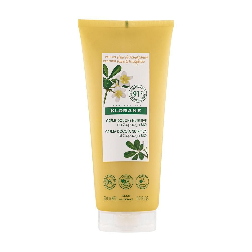 Tube jaune avec étiquette blanche. Inscription : KLORANE Crème Douche Nutritive au Cupuaçu BIO. 91% d'ingrédients d'origine naturelle.
