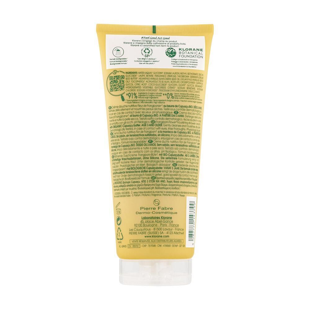 Dos du tube jaune. Texte avec ingrédients, certifications et informations du fabricant. Inscription : KLORANE Botanical Foundation.