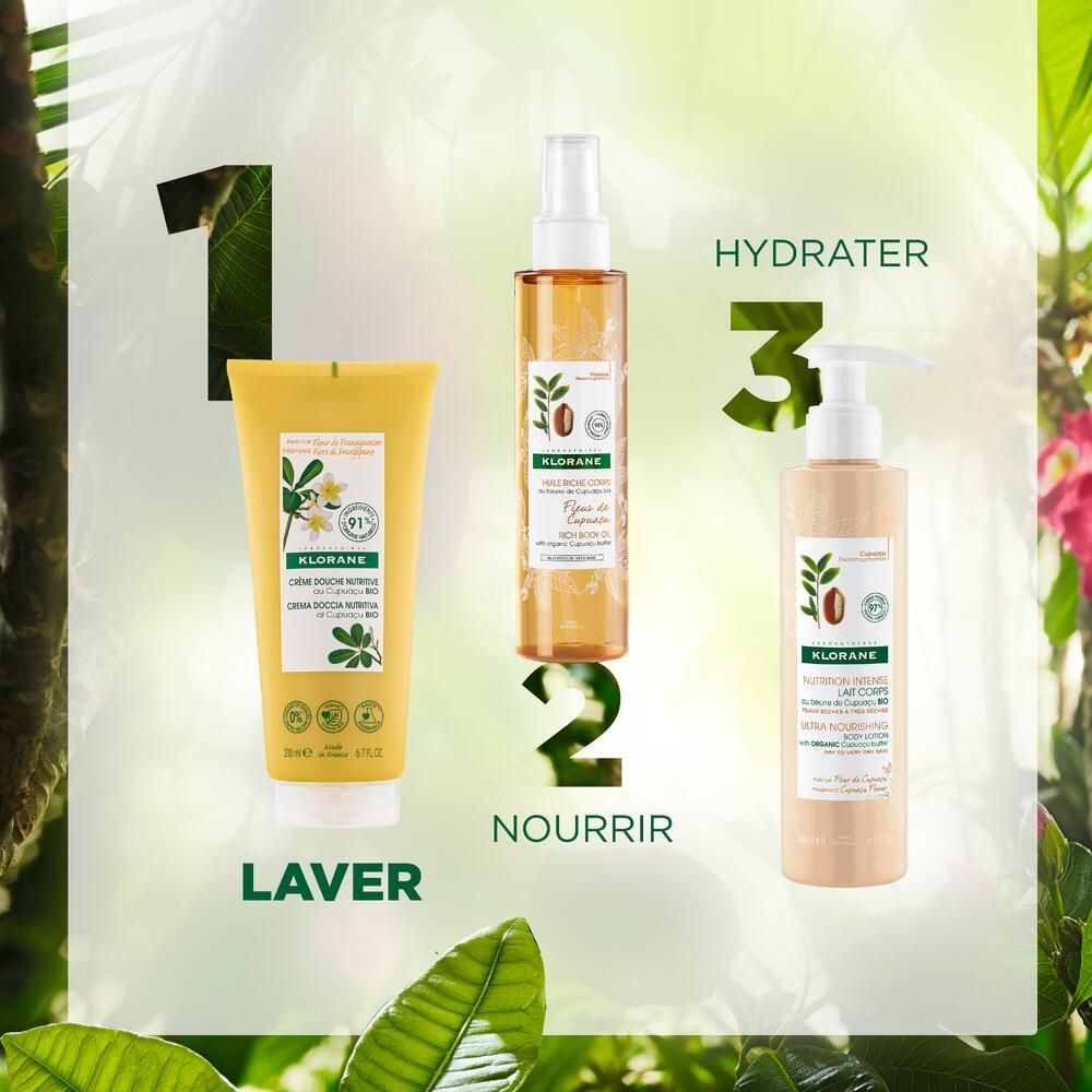 Trois produits : gel douche KLORANE, spray corporel et lotion pour le corps. Inscription : LAVE, NOURRIR, HYDRATER. Fond avec des feuilles.