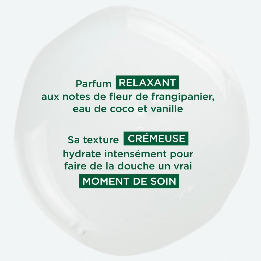 Texte sur fond blanc. Inscription : PARFUM RELAXANT, aux notes de fleur de frangipanier, eau de coco et vanille. Texture : CRÉMEUSE.