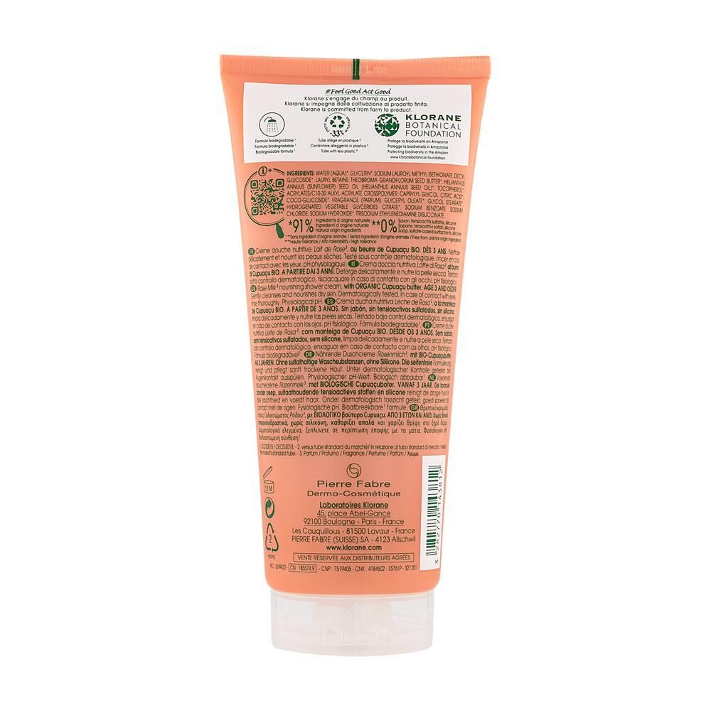 Dos du tube de Klorane Duschgel Rosenmilch. Texte, ingrédients, certifications, logo, informations fabricant.