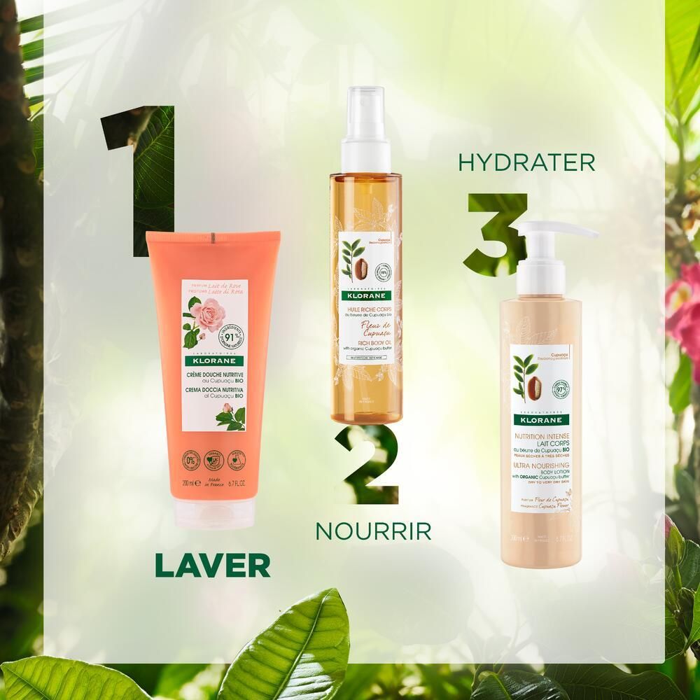Trois produits Klorane: gel douche, spray corps, lotion corps. Disposition avec texte: Laver, Nourrir, Hydrater.