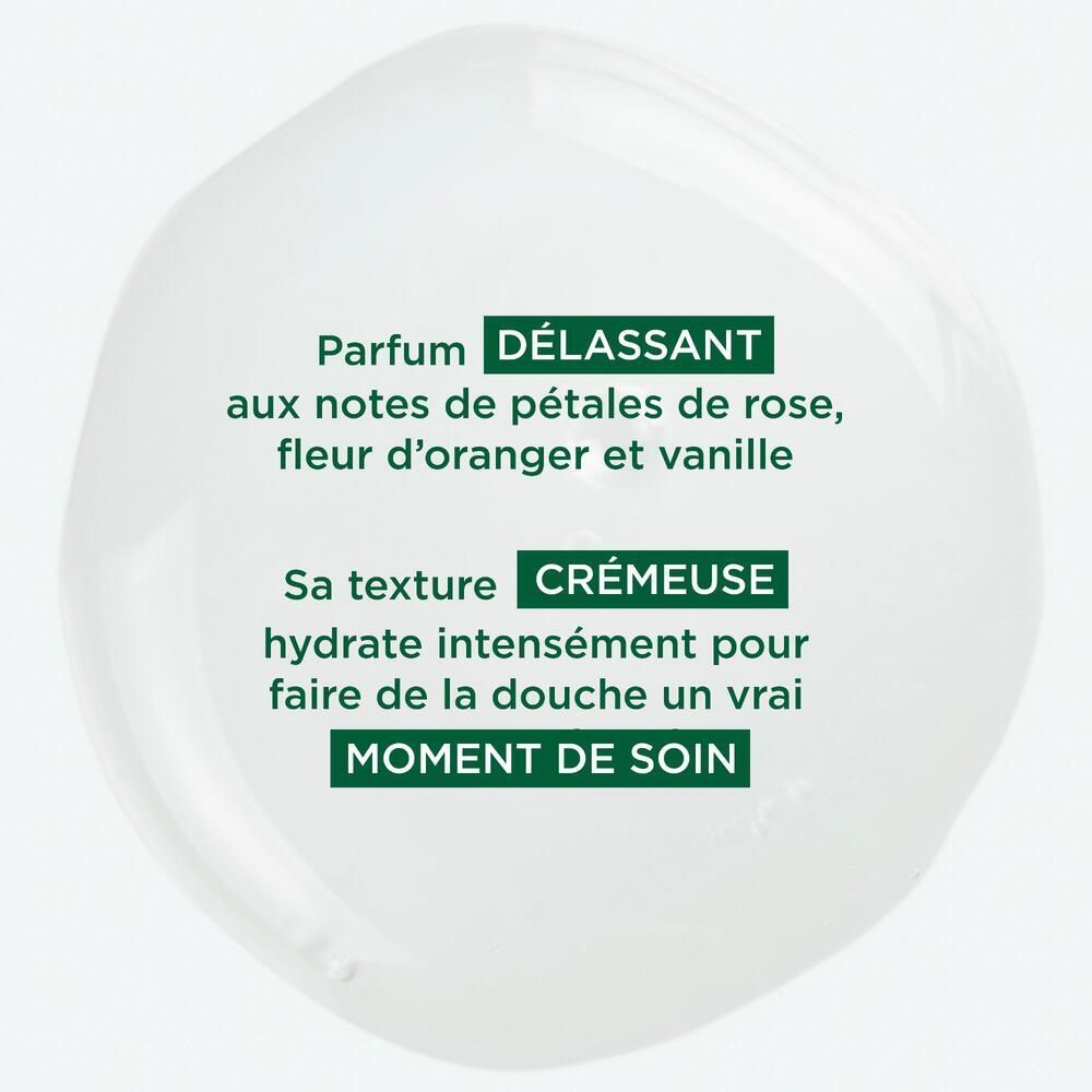 Texte sur fond blanc: Parfum, texture crémeuse, moment de soin. Décrit le gel douche Klorane.