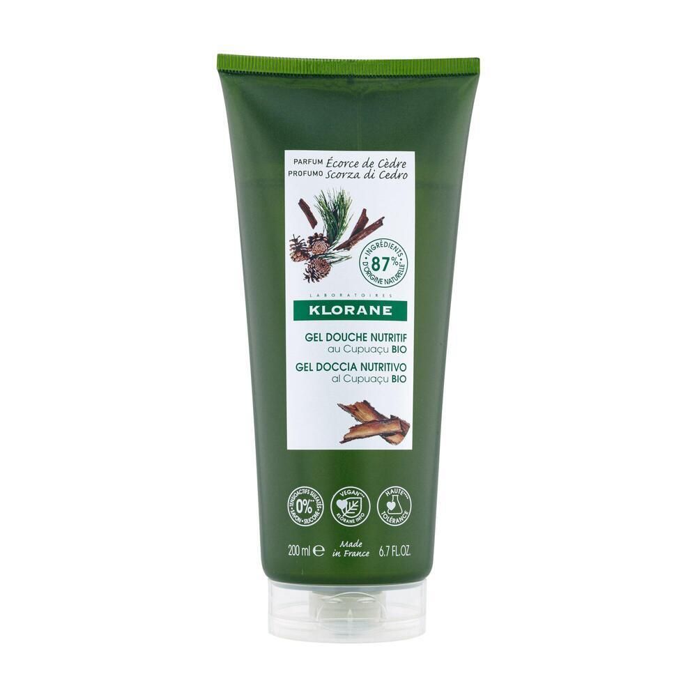 Tube verte de gel douche KLORANE Écorce de Cèdre. Texte et illustrations. Contenance 200ml.