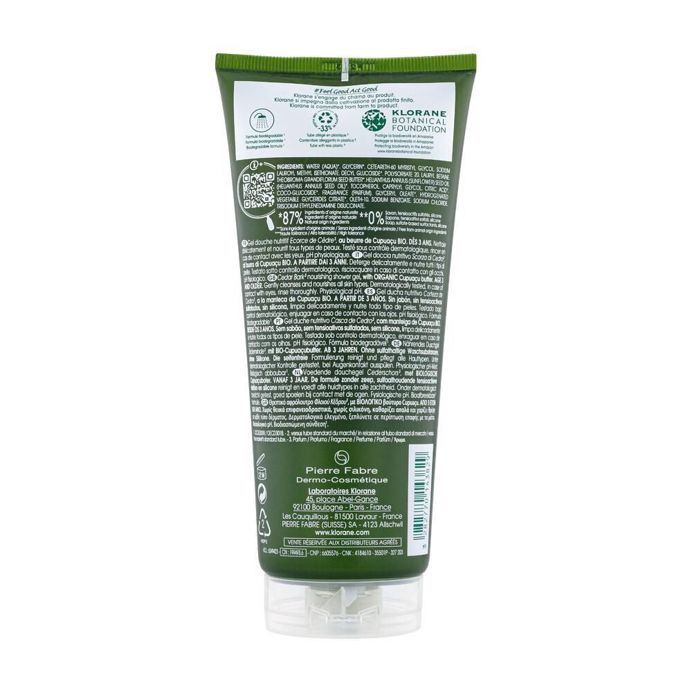 Dos de tube vert de gel douche KLORANE Écorce de Cèdre. Texte avec ingrédients et certifications. Bouchon transparent.