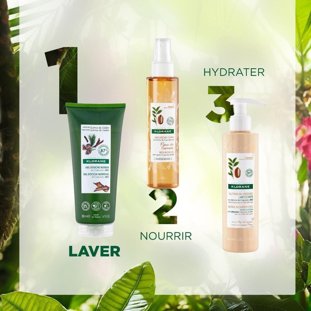Trois produits KLORANE : gel douche, spray corporel et lait corporel. Emballages verts et beiges. Inscriptions : Laven, Nourrir, Hydrater.