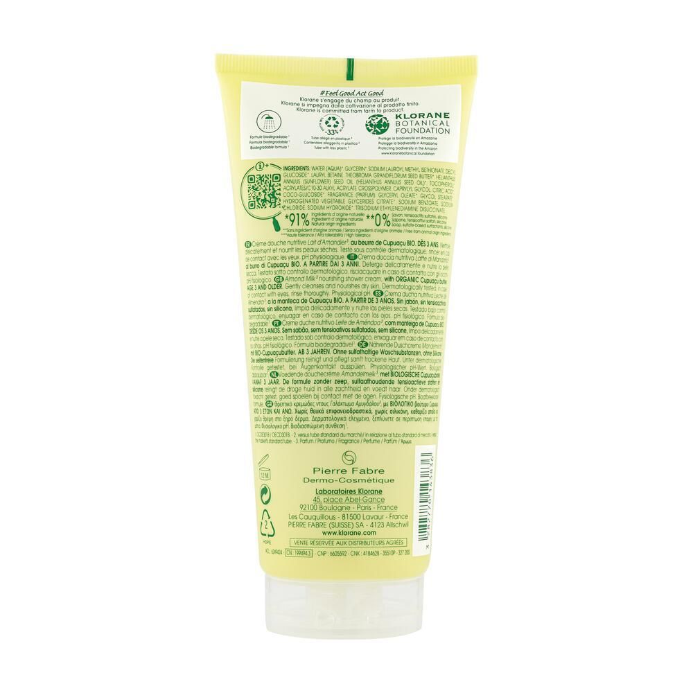 Dos du tube jaune de crème de douche KLORANE. Texte avec ingrédients, certifications et informations du fabricant.