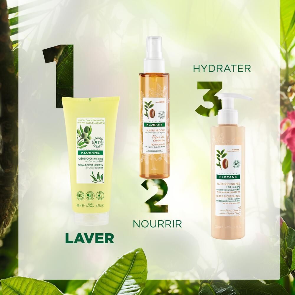 Trois produits KLORANE : crème de douche, spray corporel et lotion pour le corps. Inscription : LAVE, NOURRIR, HYDRATER.