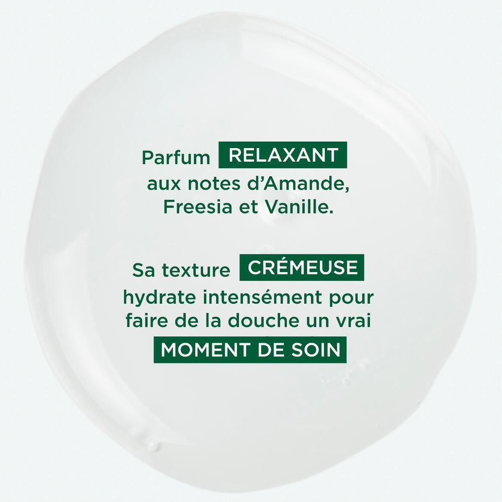 Texte sur fond blanc : Parfum relaxant aux notes d'amande, freesia et vanille. Texture crémeuse, hydrate intensément.