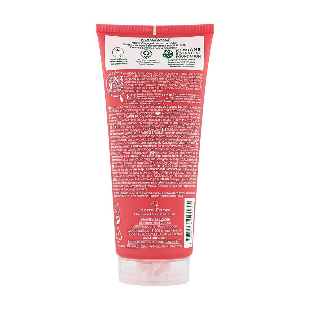 Dos du tube rouge de gel douche Klorane Fleur d'Hibiscus. Texte avec ingrédients, certifications et informations du fabricant.