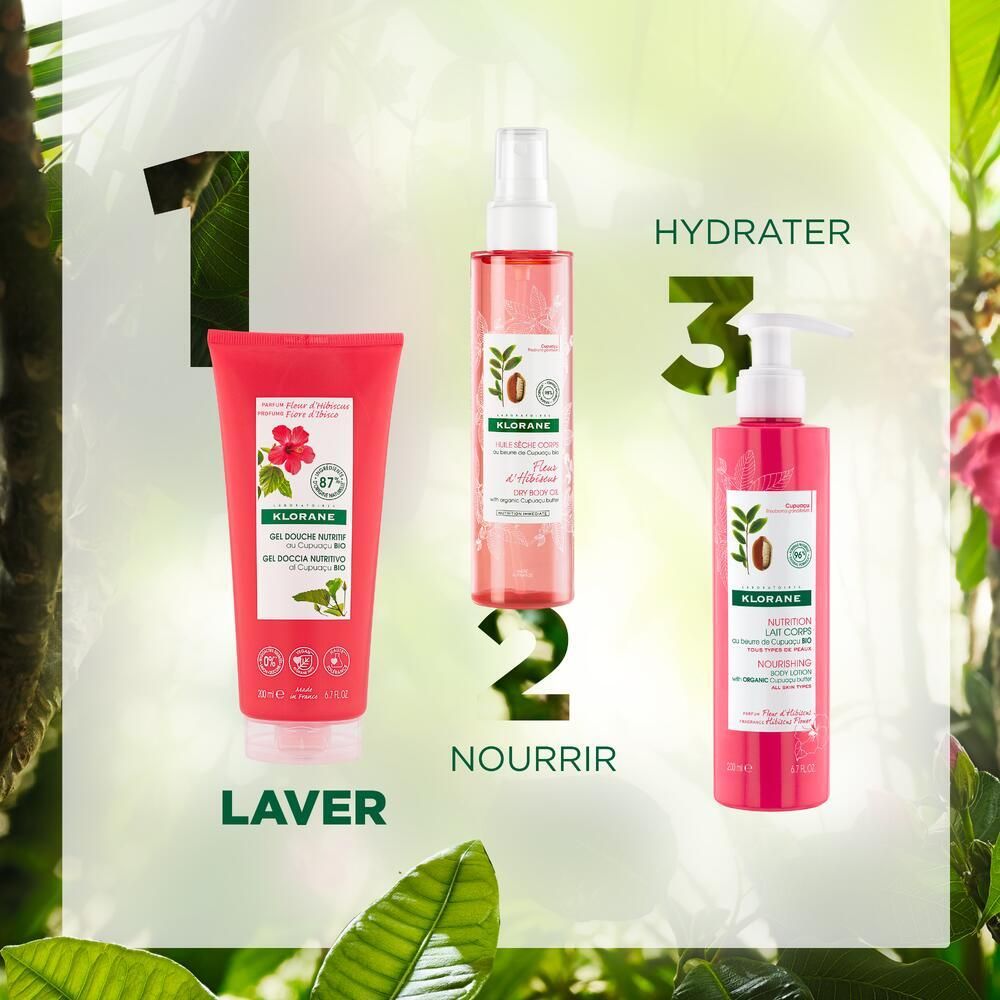 Trois produits Klorane : gel douche, spray corporel et lotion pour le corps. Tous en rouge, avec un motif de fleur d'hibiscus et de feuilles vertes.