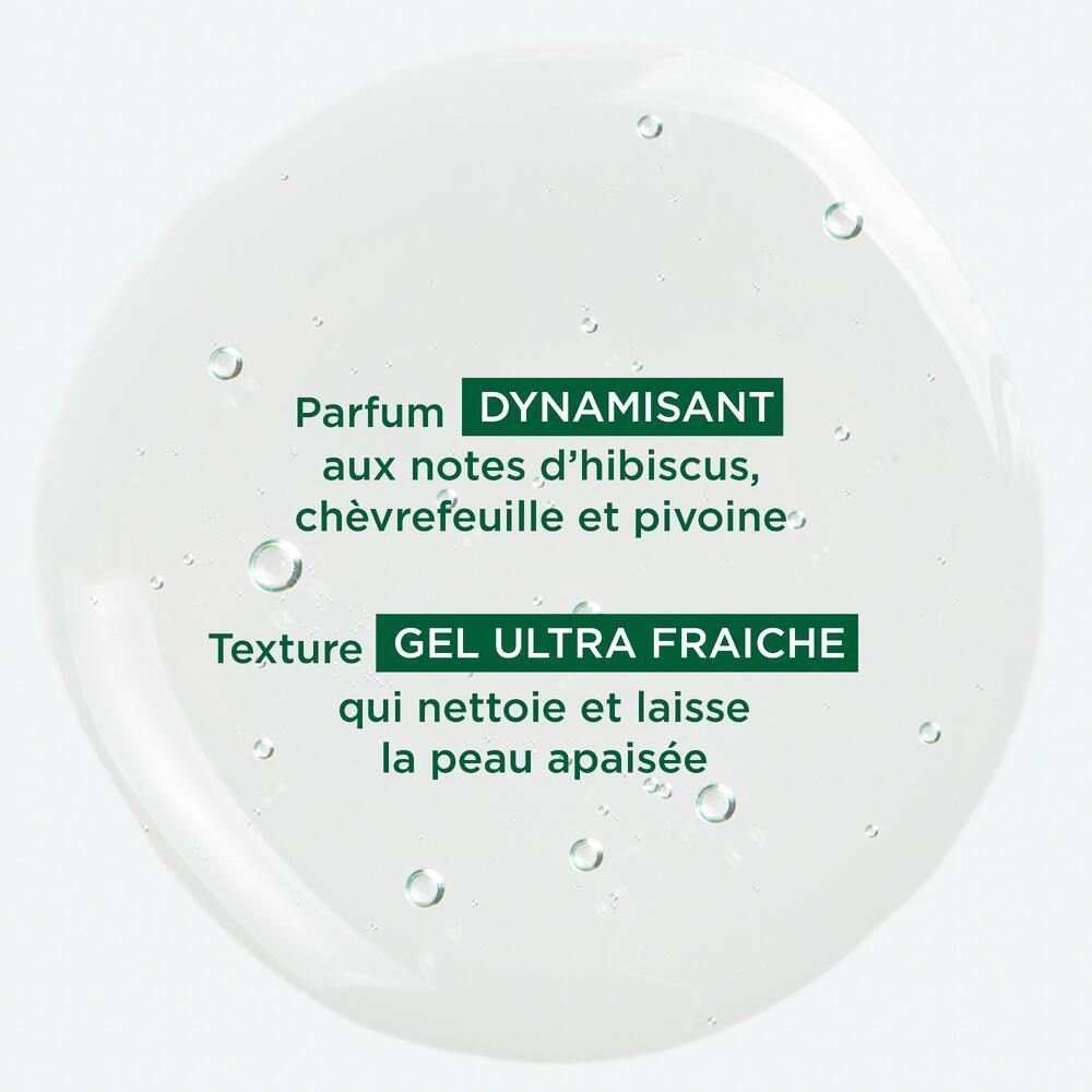 Liquide transparent avec texte : 'Parfum dynamisant aux notes d'hibiscus, chèvrefeuille et pivoine'. 'Texture gel ultra fraîche'.