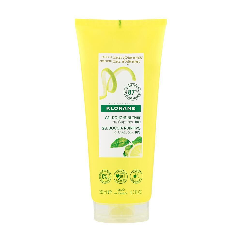 Tube jaune avec étiquette verte. Texte : Klorane, Gel Douche Nutritif au Cupuaçu Bio. 87% ingrédients d'origine naturelle.