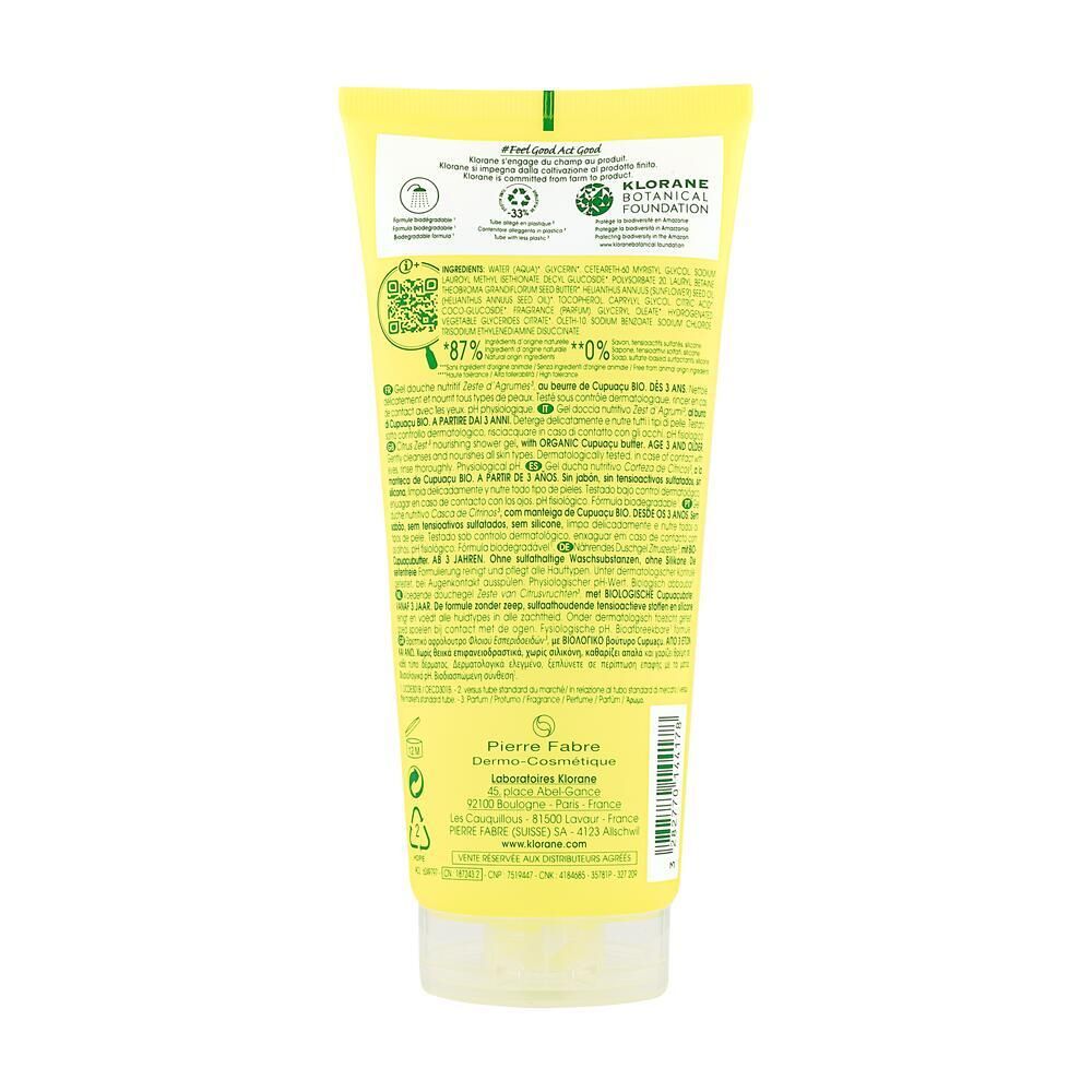 Dos d'un tube jaune. Texte : Klorane Botanical Foundation, ingrédients, code QR, 87% ingrédients naturels, 0% additifs.