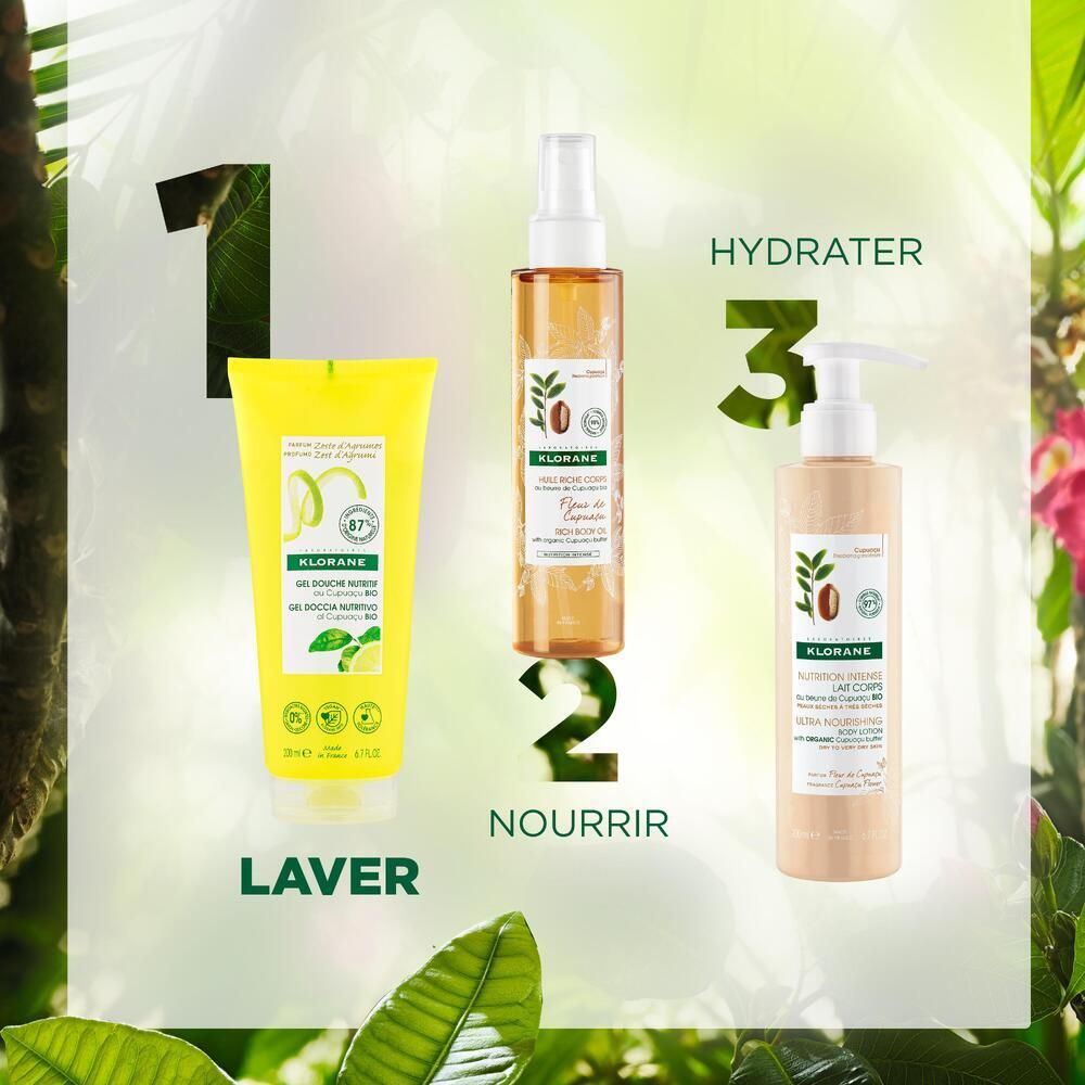 Trois produits sur fond vert. Tube jaune, spray, lotion. Texte : Klorane, Laver, Nourrir, Hydrater.