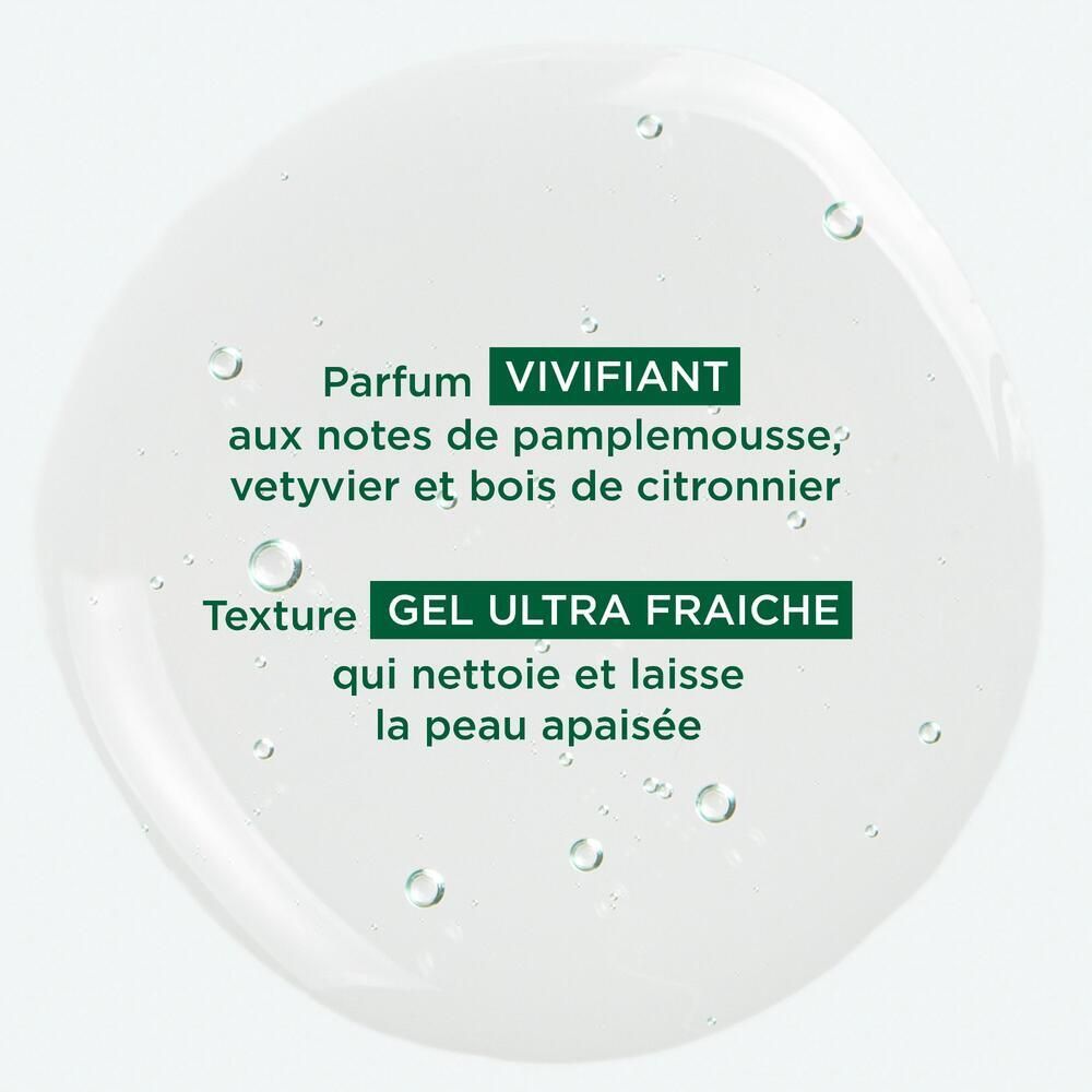 Goutte de gel transparente. Texte : Vivifiant, aux notes de pamplemousse, vetyvier et bois de citronnier. Gel ultra fraîche.