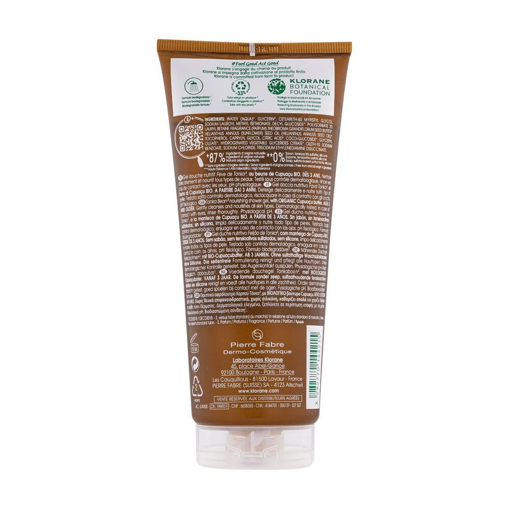 Dos du tube de gel douche. Texte: Ingrédients, Pierre Fabre, Dermo-Cosmétique. Labels: 87%, 0%, symboles de recyclage.