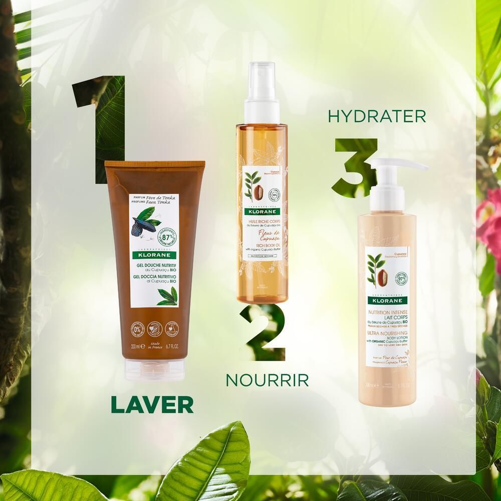 Gamme de produits: gel douche, spray corporel, lotion corporelle. Texte: Lave, Nourrir, Hydrater. Fond: vert, feuilles, fleurs.