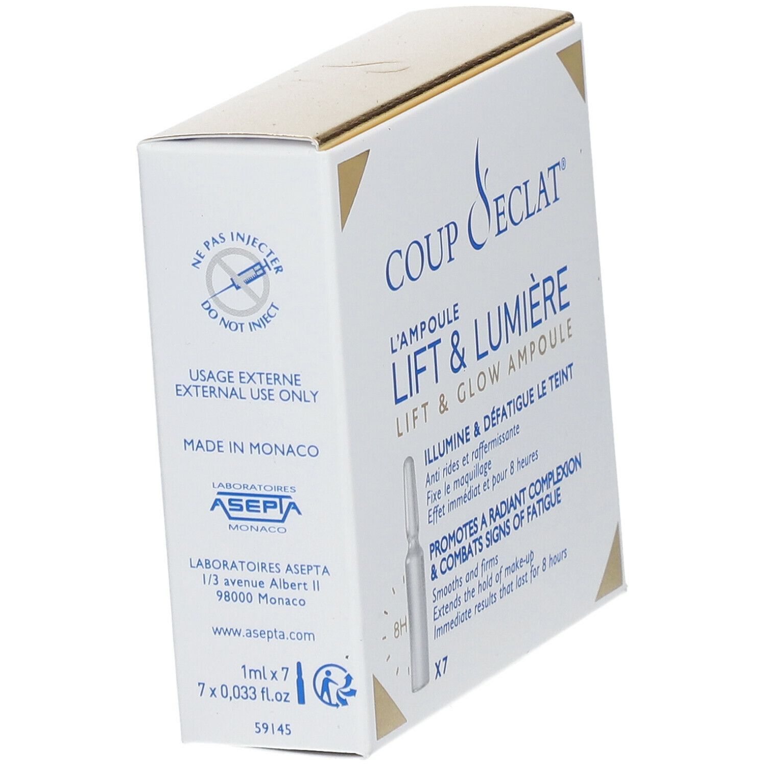Schrägansicht der Coup d'Éclat Ampulle Lift & Lumière Verpackung. Text: Nicht injizieren, nur zur äußeren Anwendung. 7 x 0,033 fl.oz.