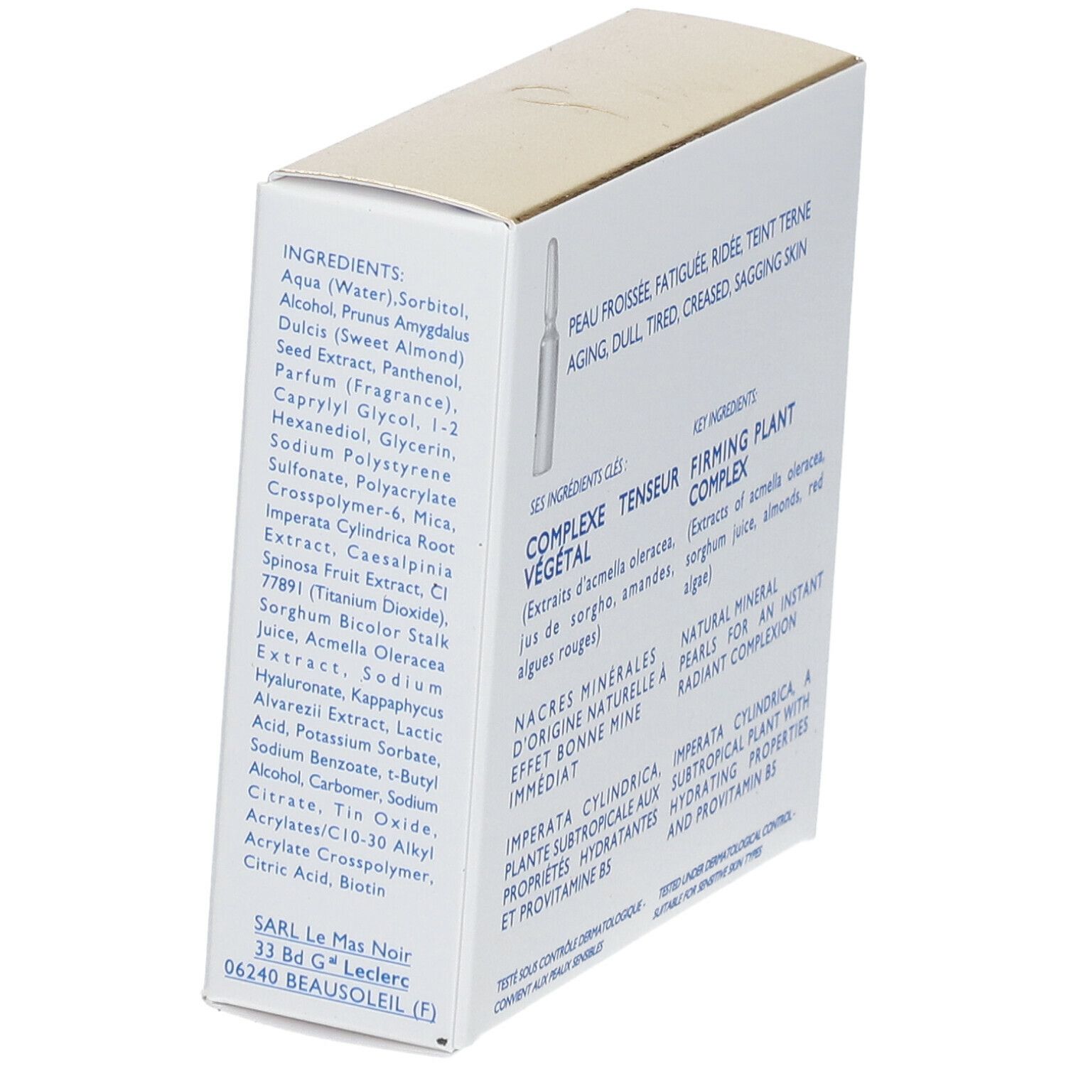 Schrägansicht der Coup d'Éclat Ampulle Lift & Lumière Verpackung. Text: Inhaltsstoffe, Wirkstoffe, für empfindliche Haut geeignet.