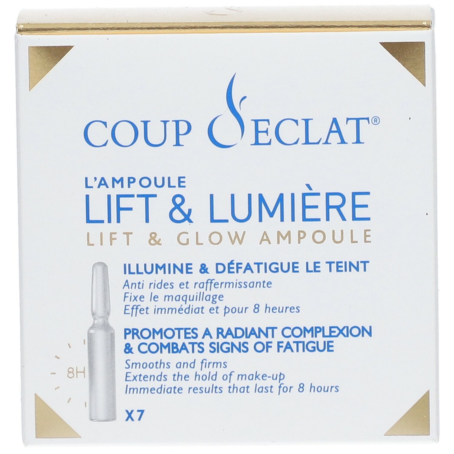Coup d'Éclat Ampulle Lift & Lumière Verpackung. Text: Anti-Falten, strahlender Teint, 8 Stunden Wirkung. Enthält 7 Ampullen.