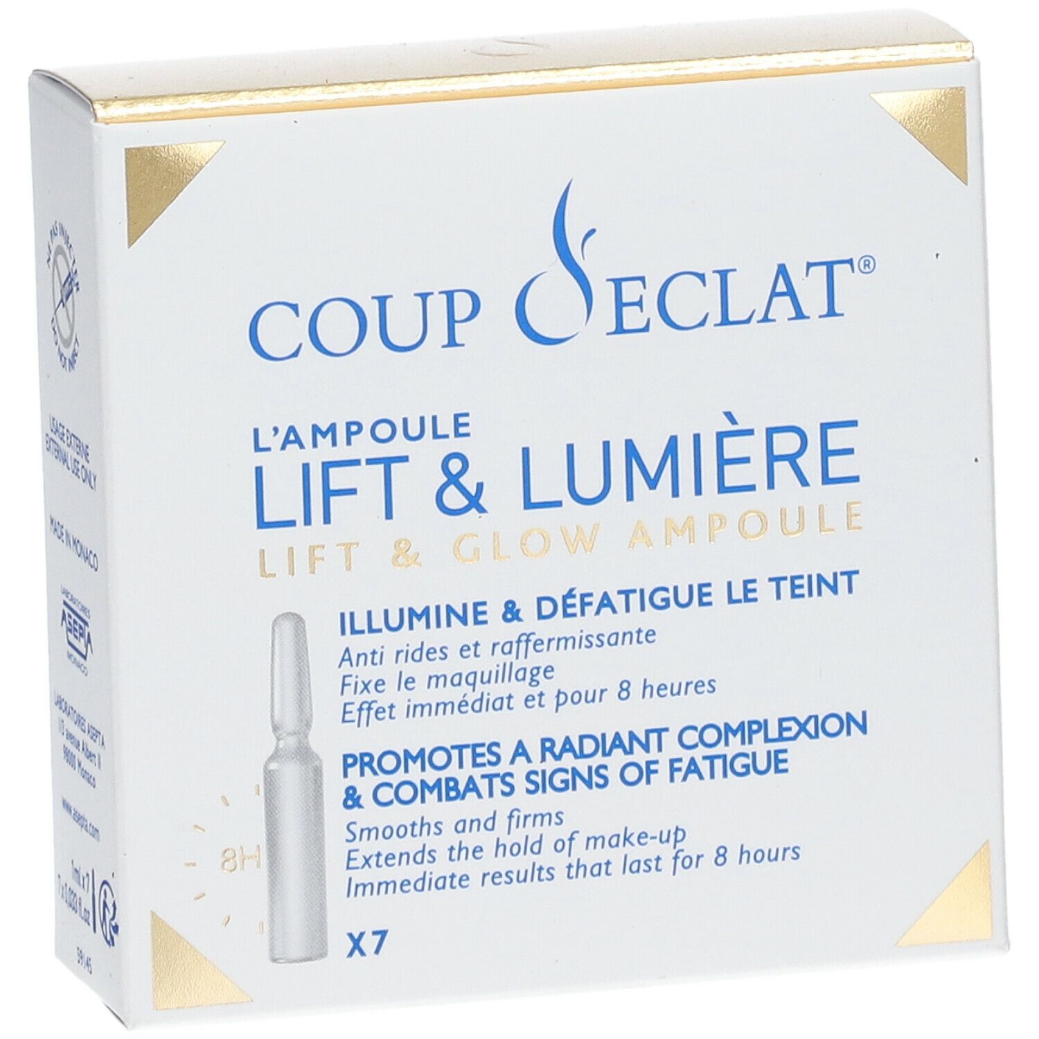 Coup d'Éclat Ampulle Lift & Lumière Verpackung. Text: Anti-Falten, strahlender Teint, 8 Stunden Wirkung. Enthält 7 Ampullen.