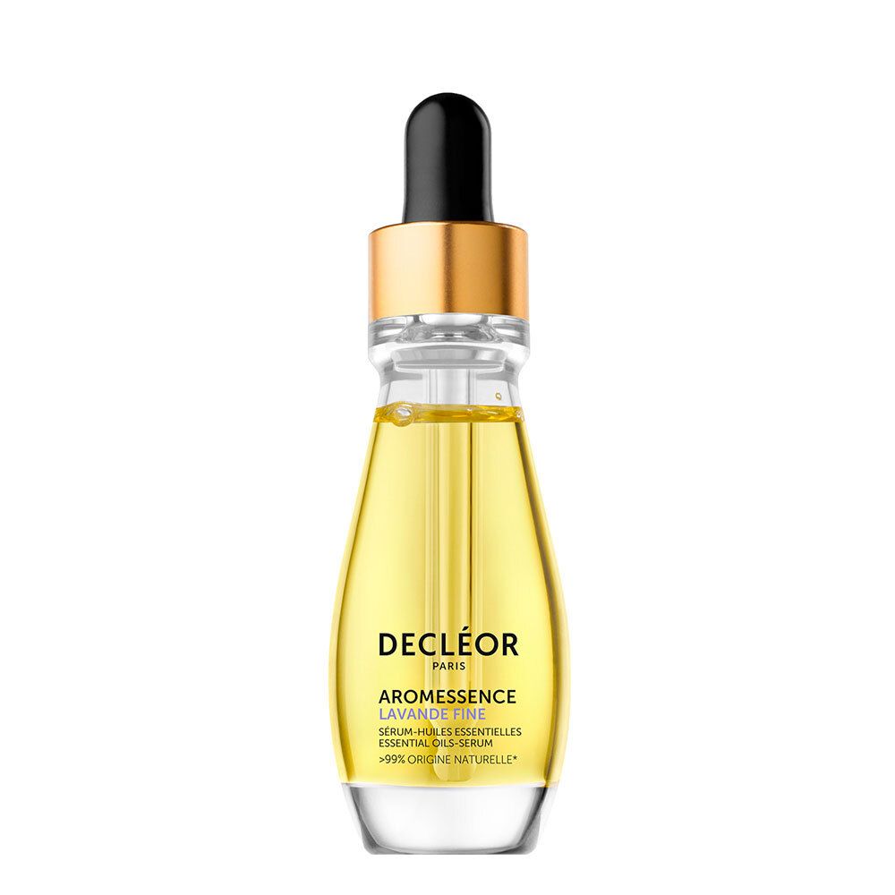 Flacon transparent avec liquide jaune. Pipette noire et bouchon doré. Inscription : Decléor, Aromessence Lavande Fine.