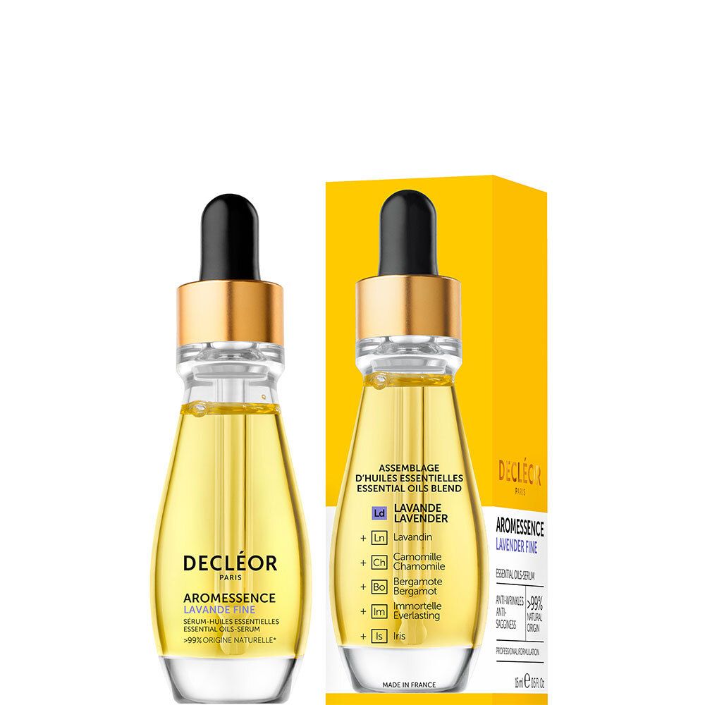 Flacon et emballage jaune. Flacon avec liquide jaune, pipette noire et bouchon doré. Inscription : Decléor.