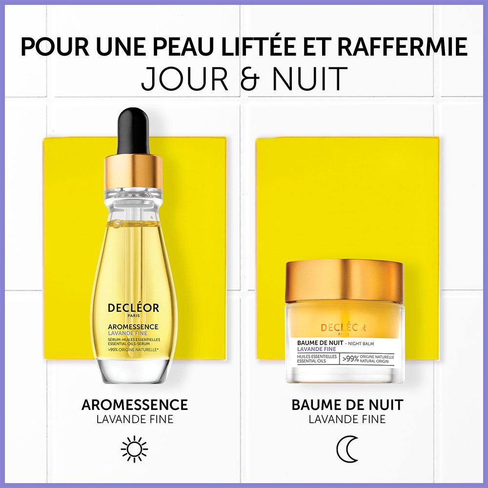 Produit avec soleil et lune. Flacon et crème. Inscription : Aromessence Lavande Fine, Baume de Nuit Lavande Fine.