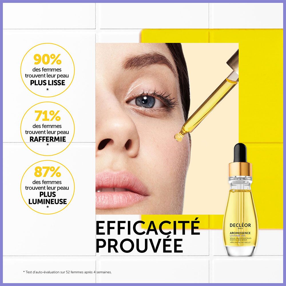 Femme avec produit. Flacon avec liquide jaune. Inscription : Decléor, Aromessence. Texte : Efficacité prouvée. Résultats.