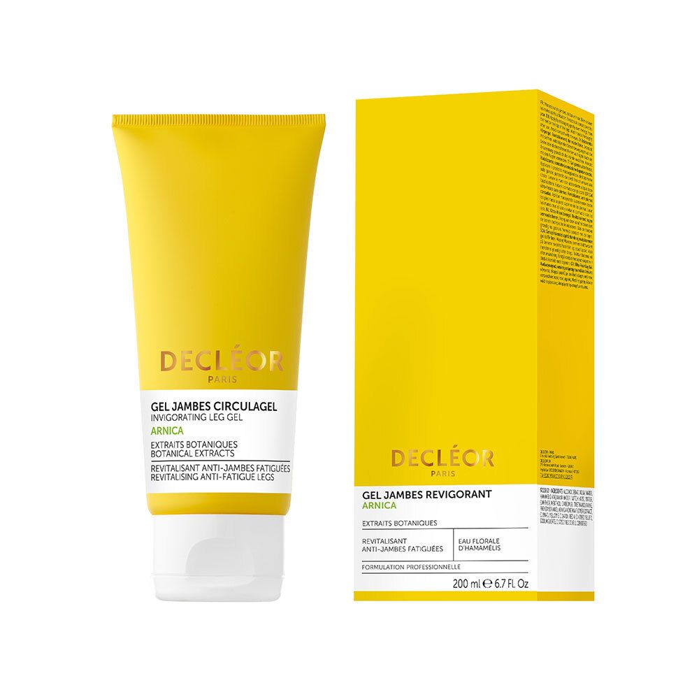 Tube et boîte de gel. Tube jaune avec bouchon blanc. Inscription : DECLÉOR PARIS. Gel Jambes Circulagel.