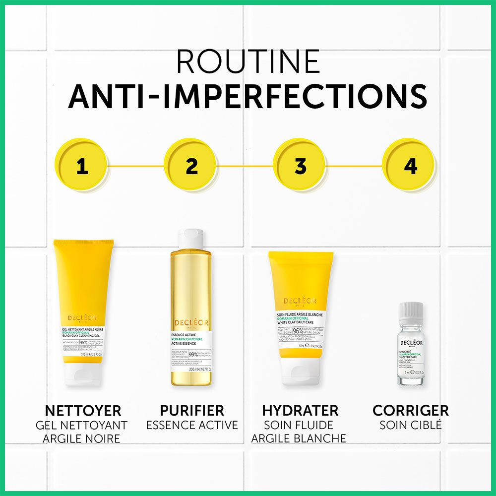 Vier Produkte: Reiniger, Essenz, Feuchtigkeitscreme und SOIN CIBLÉ. DECLÉOR, Anti-Unreinheiten.