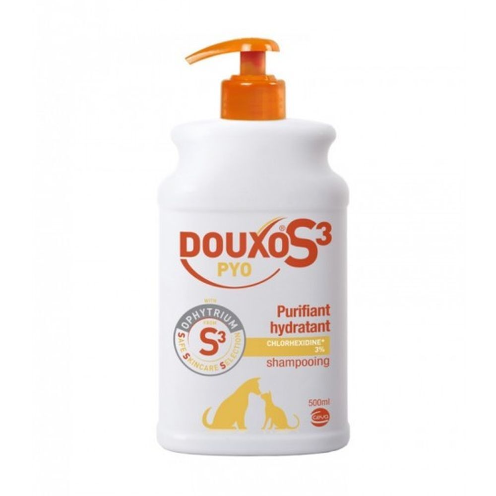 Flacon blanc avec pompe orange. Inscription: Douxo S3 Pyo, Chlorhexidine 3% Shampooing. Illustration chien et chat.