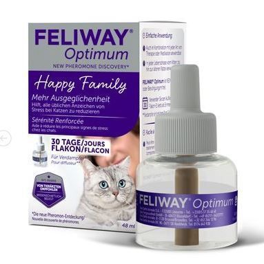 Flacon Feliway Optimum et emballage. Flacon avec tête grise, liquide transparent. Emballage avec nom du produit, chat et texte.