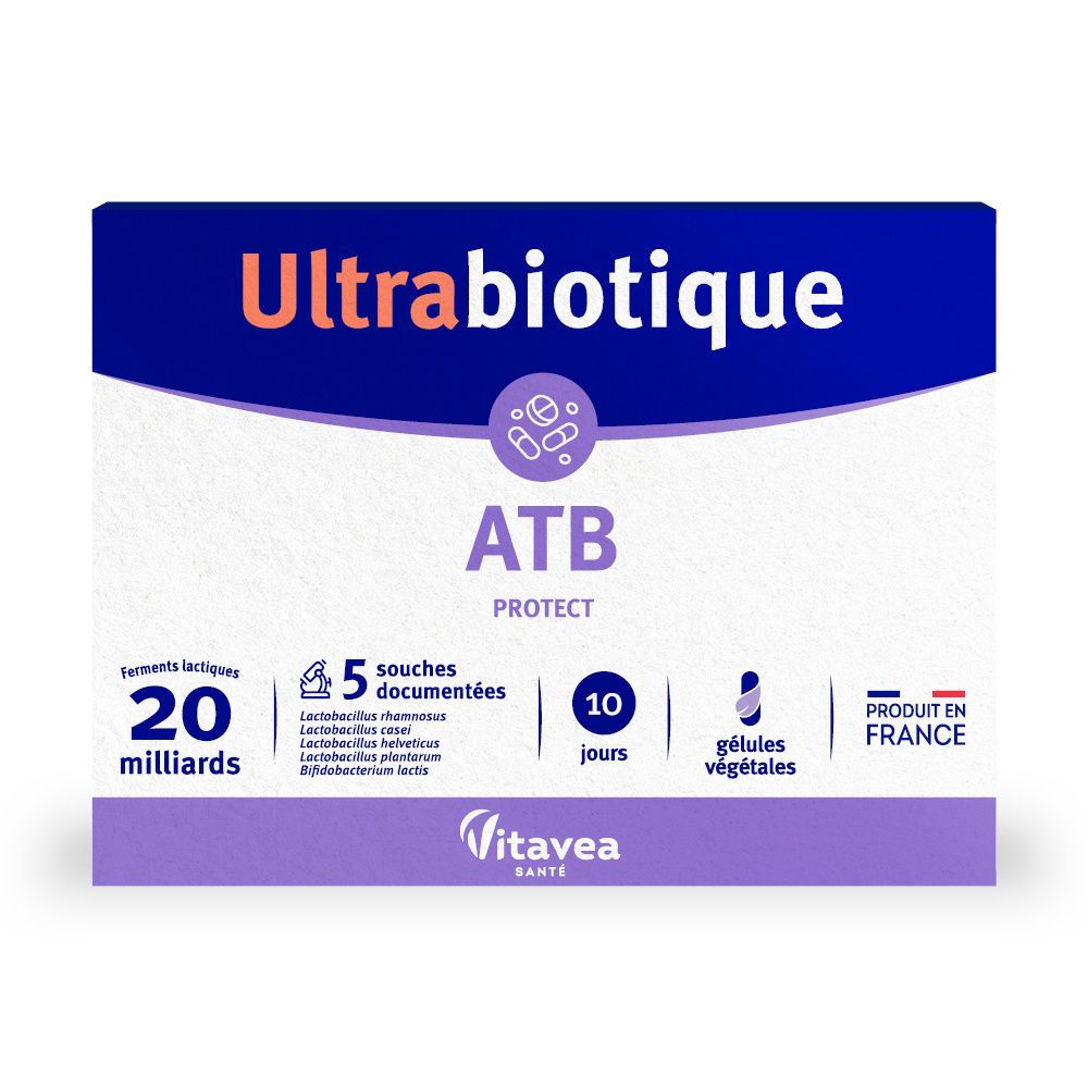 Boîte ULTRABIOTIQUE ATB Protect. Contient 20 milliards de ferments lactiques, 5 souches, 10 jours, gélules végétales.