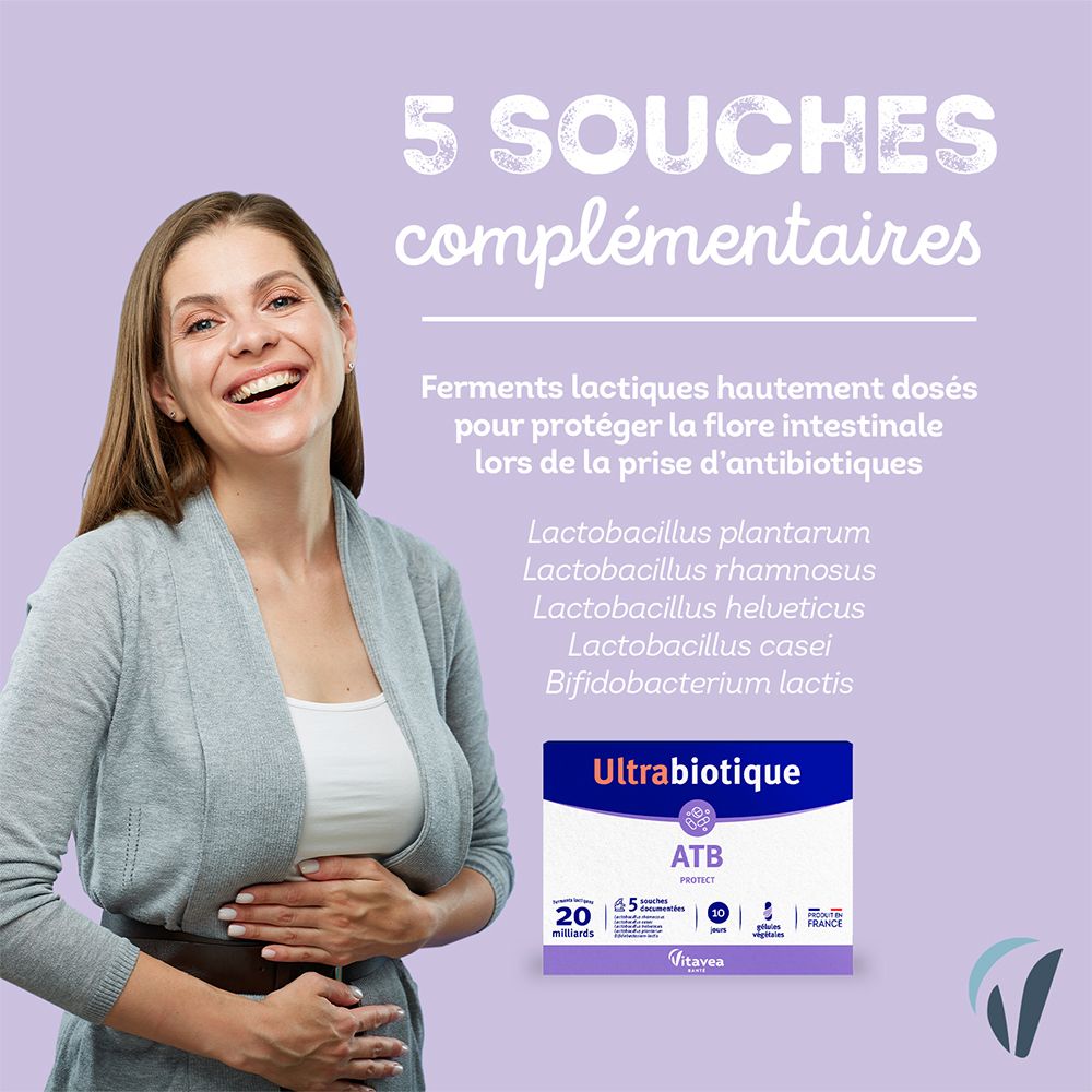 Femme avec boîte ULTRABIOTIQUE ATB Protect. Texte: 5 souches complémentaires. Contient 20 milliards de ferments lactiques.