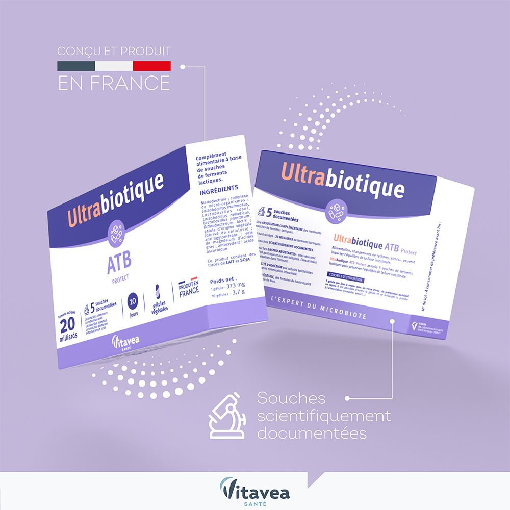 Deux boîtes ULTRABIOTIQUE ATB Protect. Texte: Conçu et fabriqué en France. Souches scientifiquement documentées.