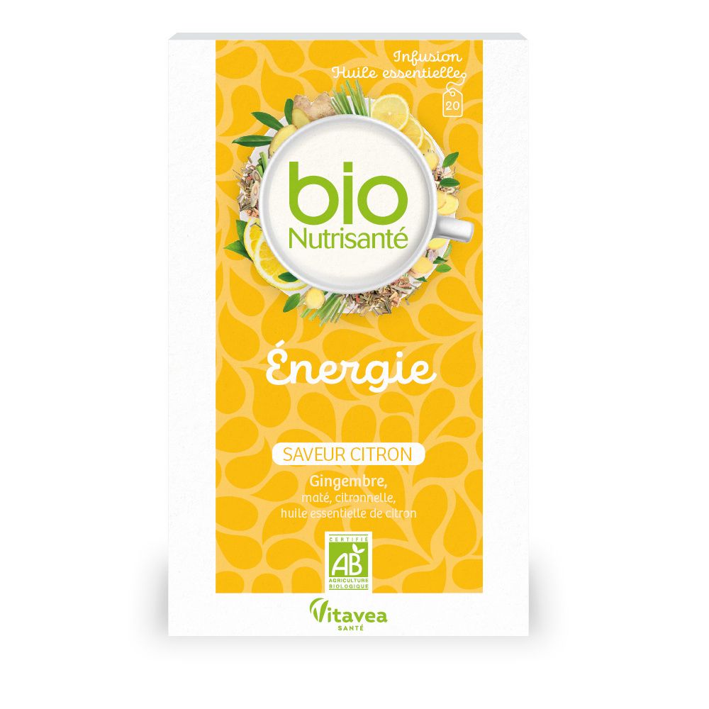 Boîte Nutrisanté Bio-Energie-Infusion. Face avant avec logo, citron, gingembre, citronnelle. Certification AB.