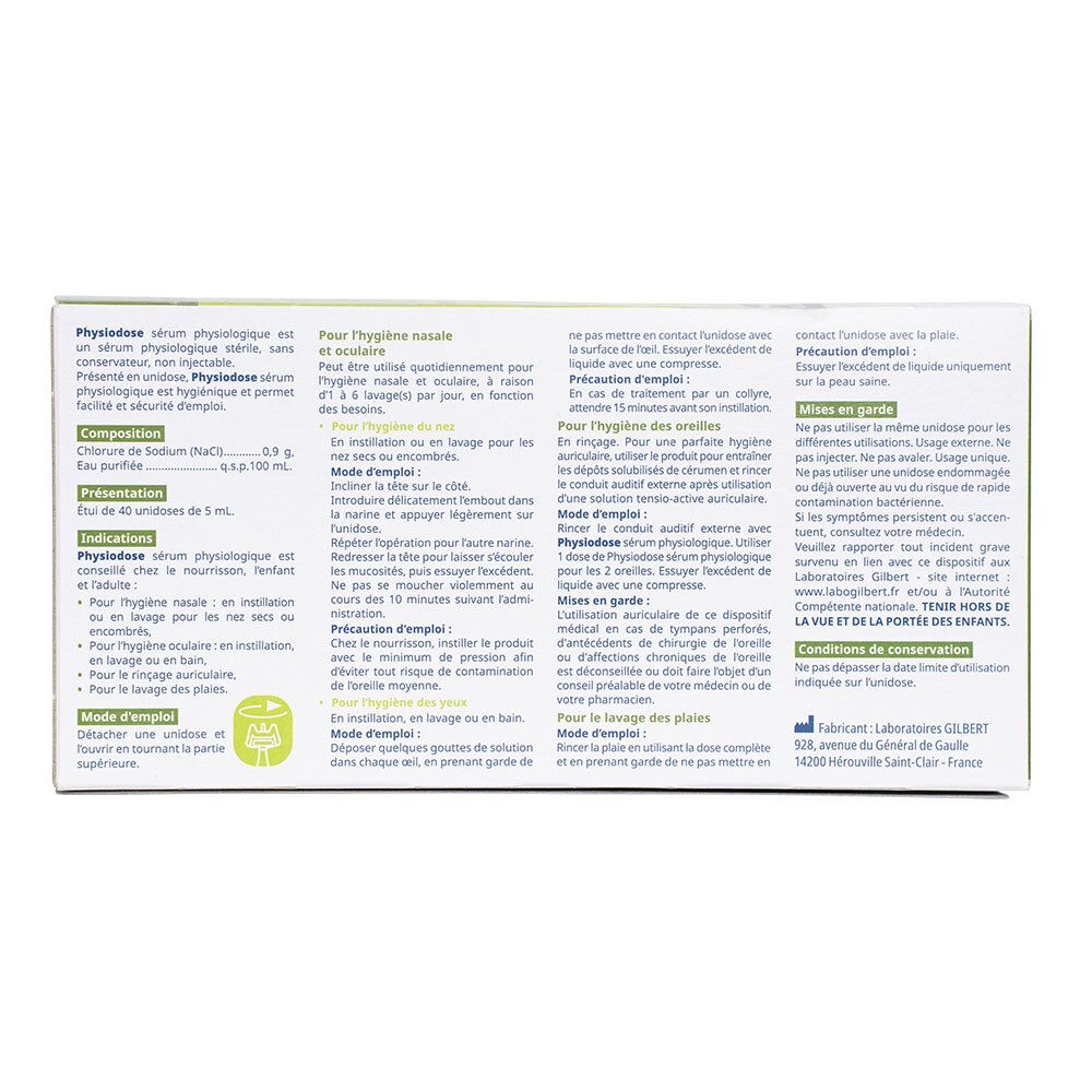 Dos de la boîte Physiodose. Informations textuelles sur le produit et son utilisation.