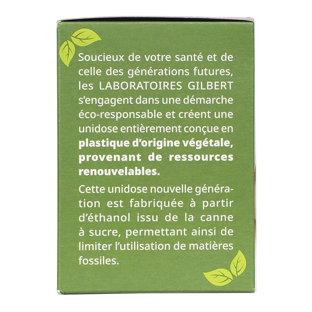 Côté de la boîte Physiodose. Texte sur l'utilisation de plastique végétal.