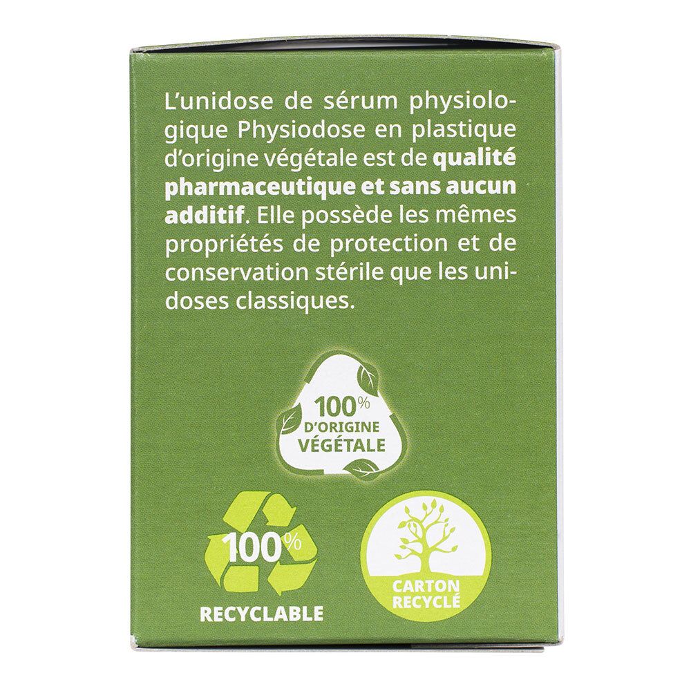 Côté de la boîte Physiodose. Texte sur l'utilisation de plastique végétal et le recyclage.