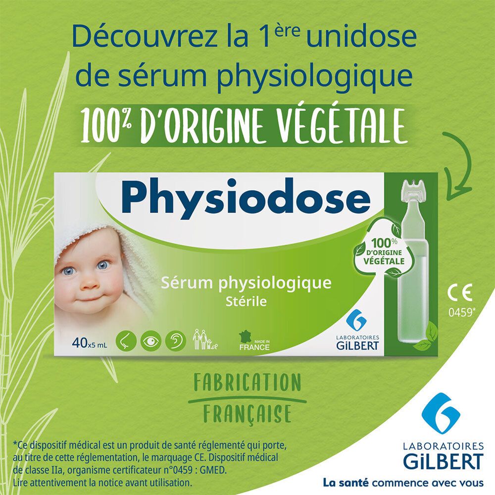 Visuel promotionnel pour Physiodose. Montre l'emballage et texte sur l'origine végétale.