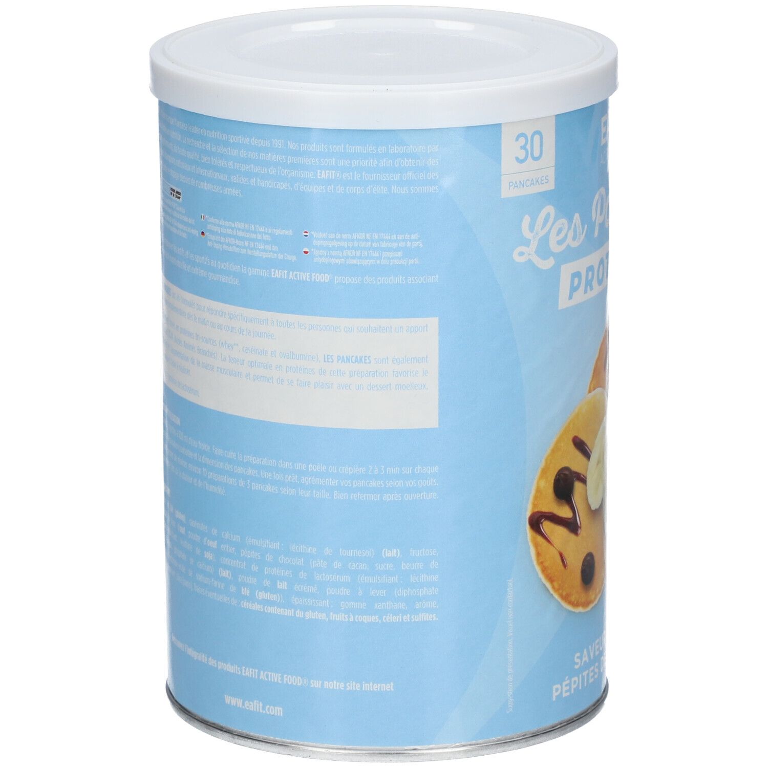 Dos de la boîte bleu clair. Informations textuelles, dont valeurs nutritionnelles et liste d'ingrédients. Couvercle blanc.