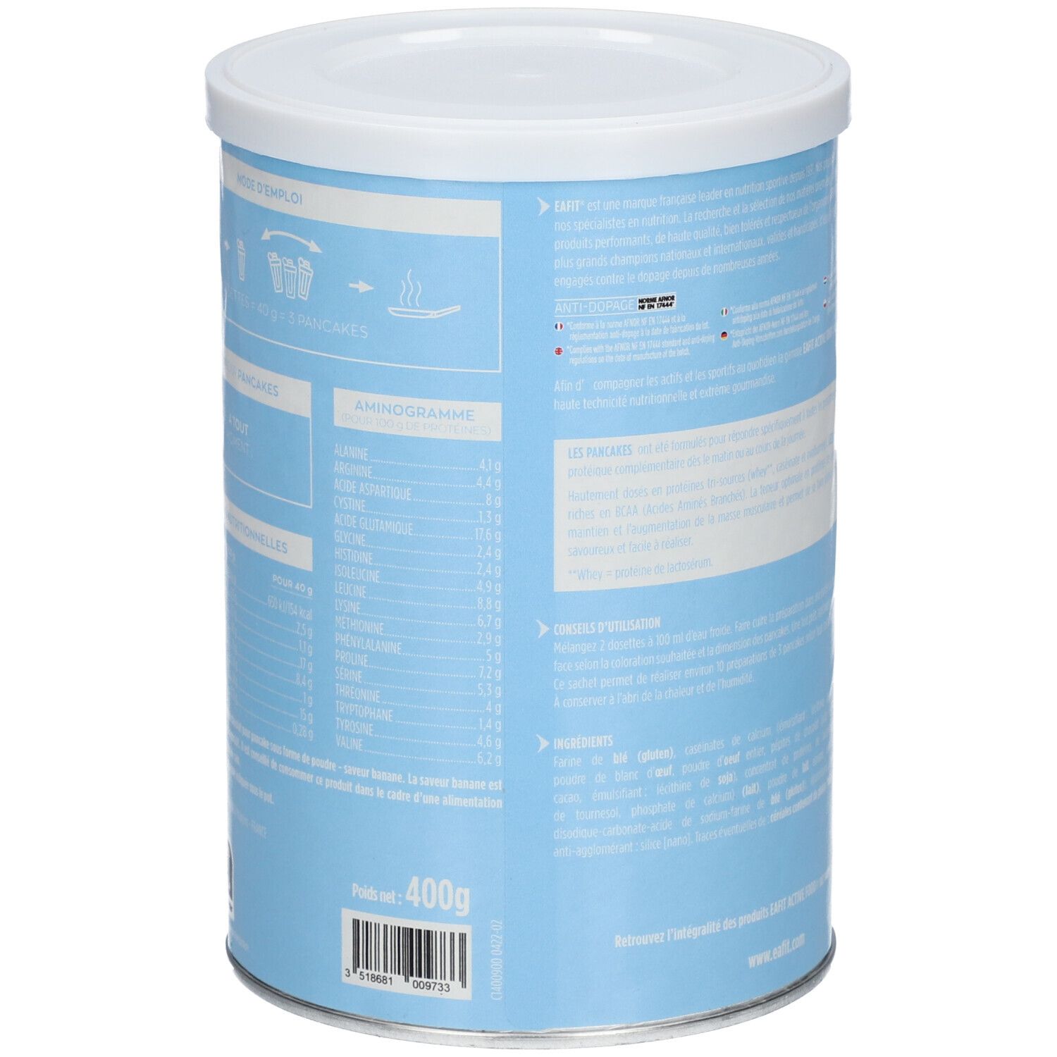 Boîte bleu clair avec texte et informations nutritionnelles. Impression: 400g. Couvercle blanc. Code-barres et autres informations.