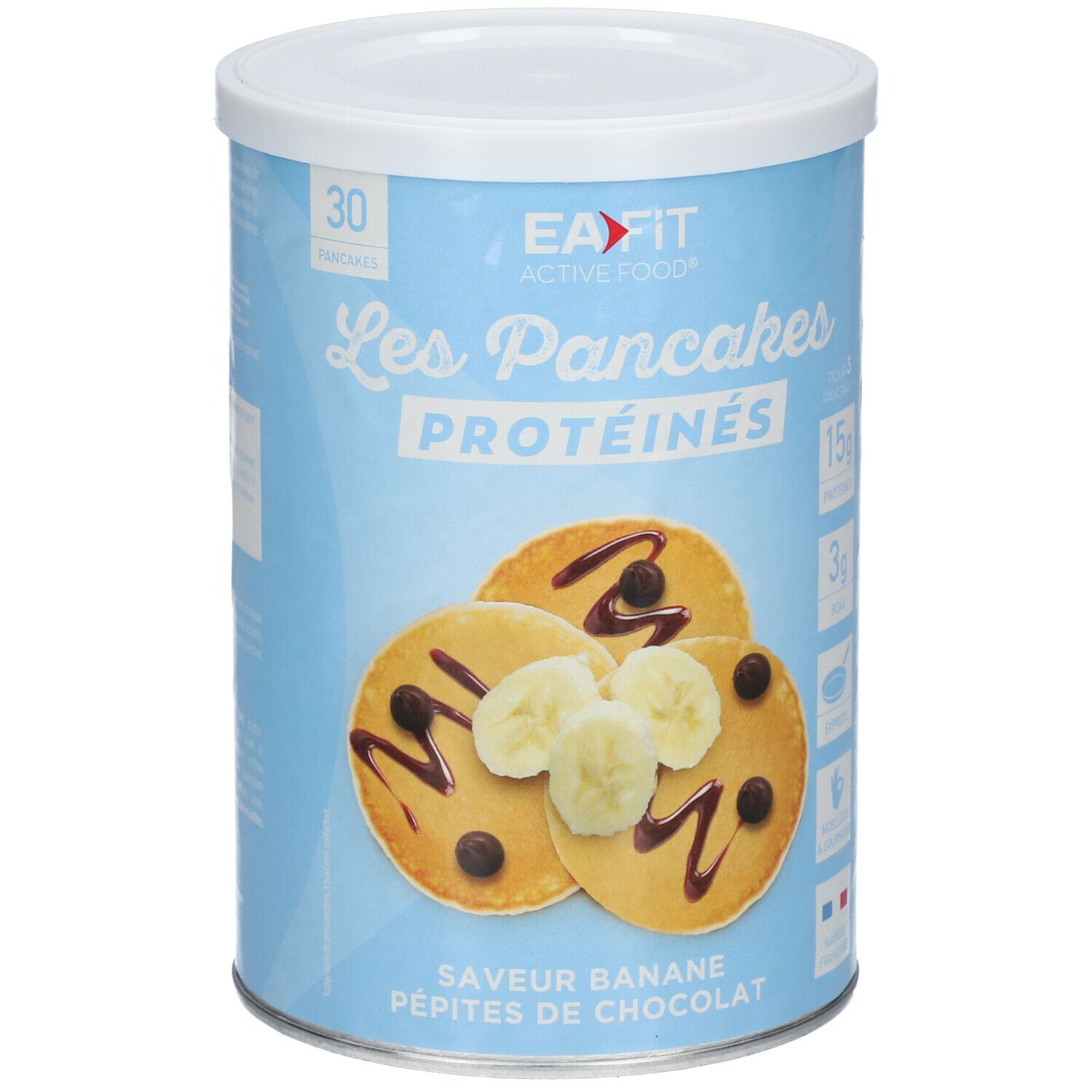 Boîte bleu clair avec logo "EA-FIT" et "Les Pancakes Protéinés". Illustration de pancakes avec banane et pépites de chocolat.