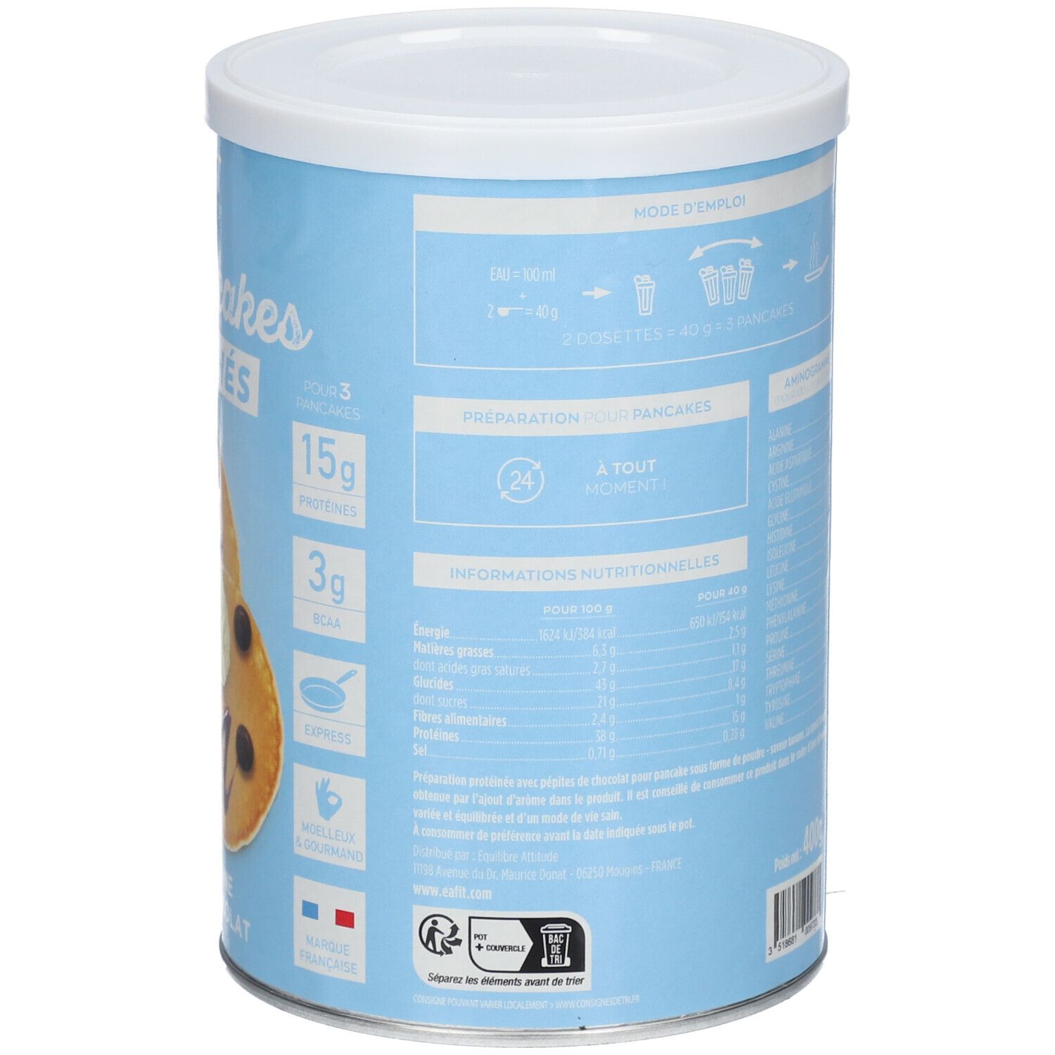 Dos de la boîte bleu clair. Informations textuelles, dont valeurs nutritionnelles et instructions de préparation. Couvercle blanc.