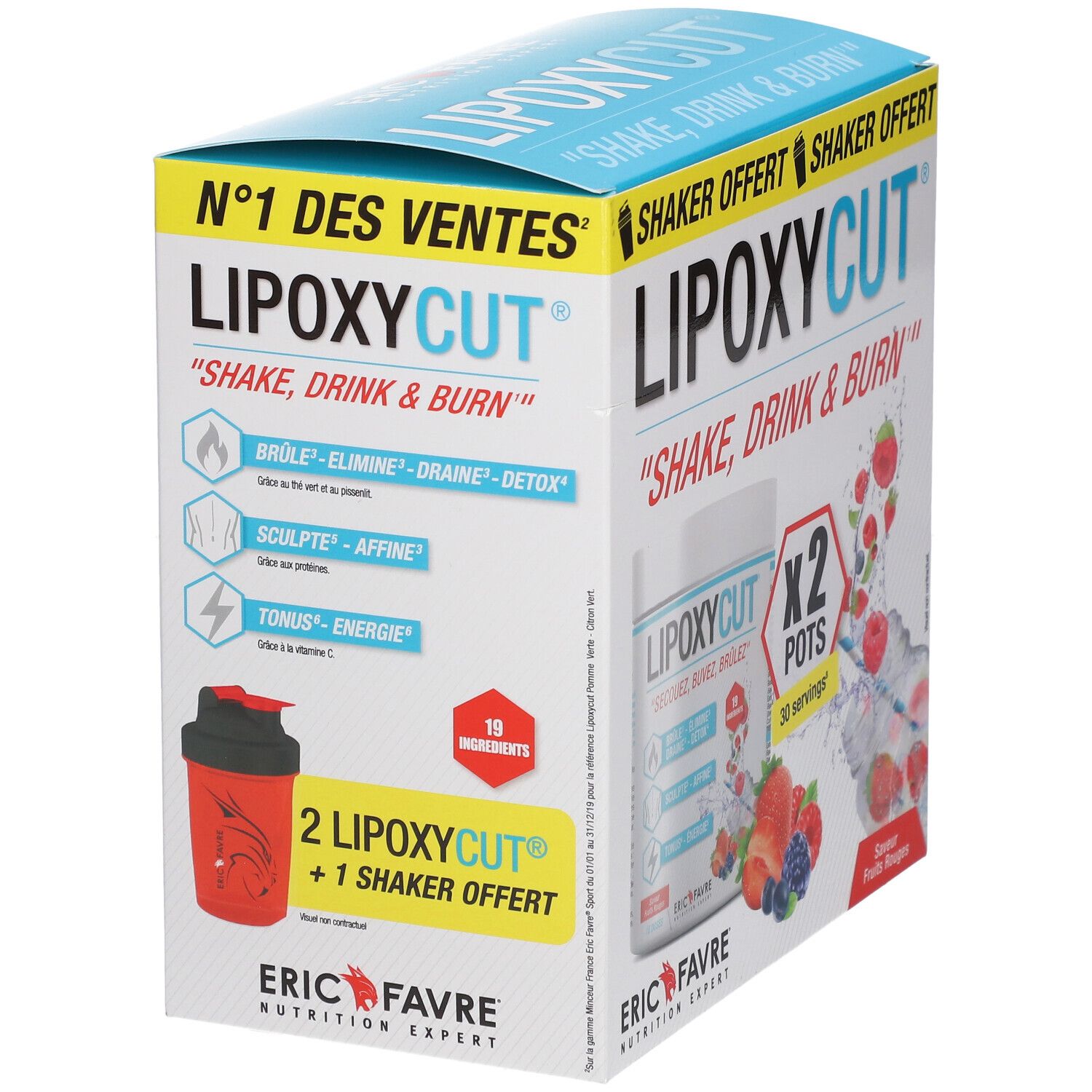 Box mit Lipoxycut, Shaker und Früchten. Text: "Shake, Drink & Burn". Marke: ERIC FAVRE. Enthält 2 Lipoxycut + 1 Shaker.