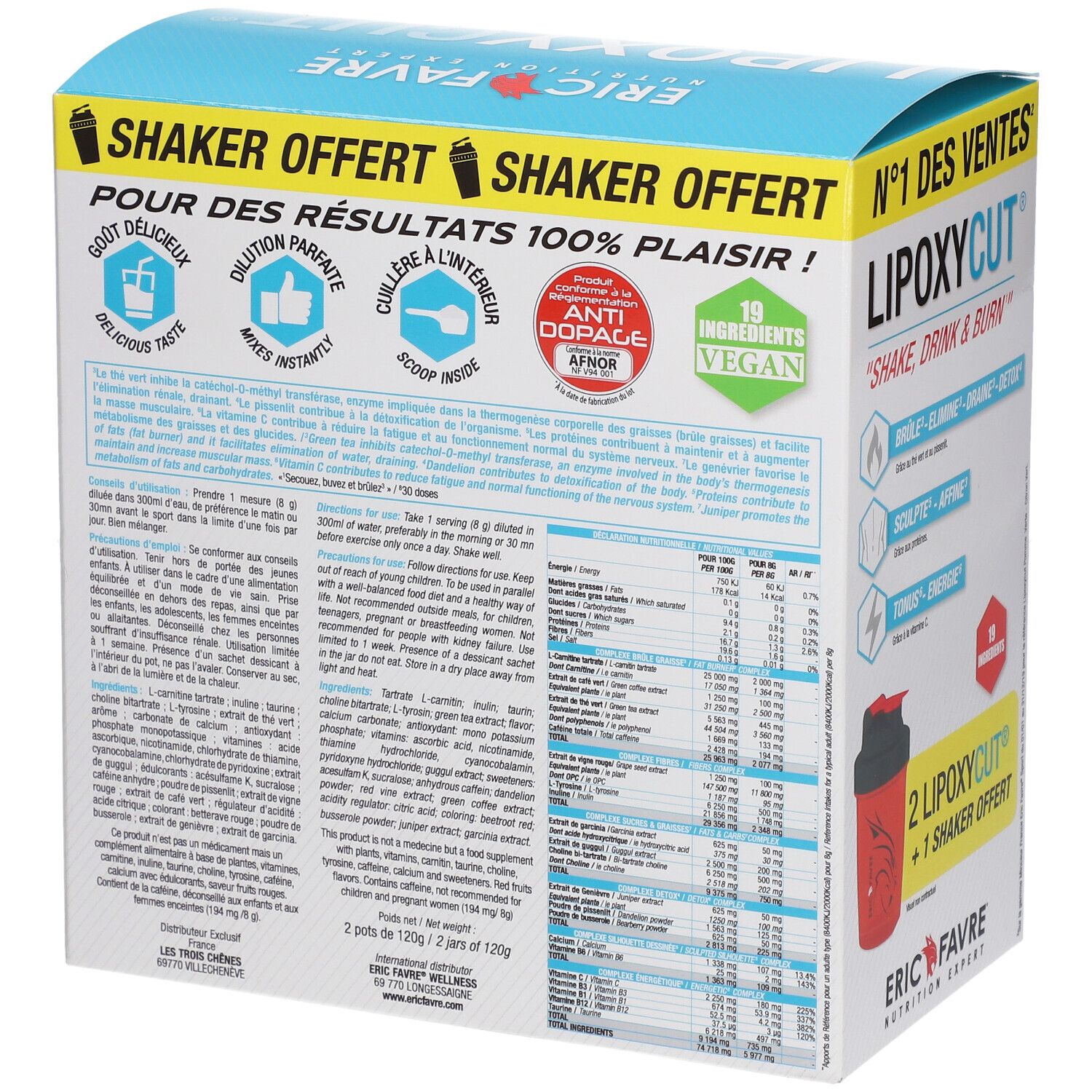Rückseite der Lipoxycut-Box. Text: Zutaten, Nährwertangaben, Vegan-Siegel. Marke: ERIC FAVRE.
